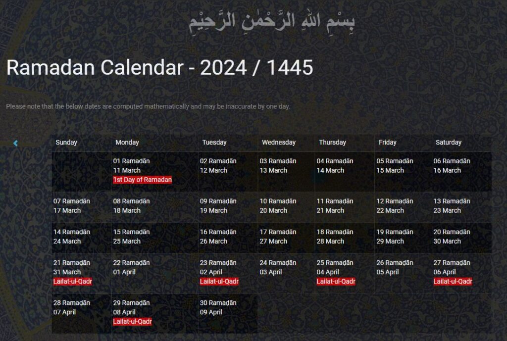 Ramadan 2024 Calendar